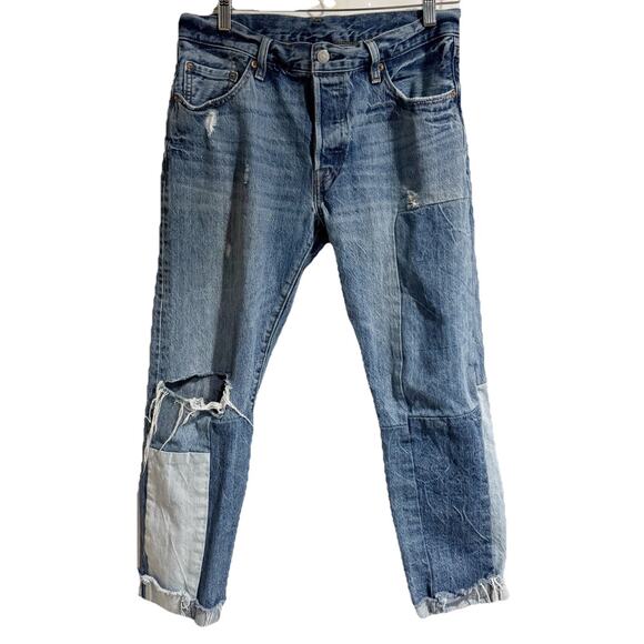 Levi's 501 Straight Leg Button Fly Jeans Patchwork Raw Hem 28x27 Ragged Lands - Picture 1 of 7